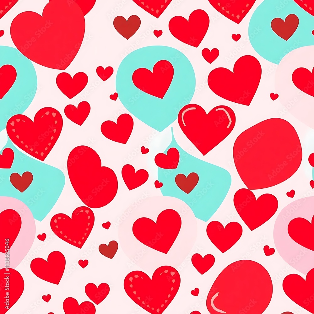 Romantic Heart Pattern: A vibrant and playful seamless pattern featuring red hearts of various sizes and styles scattered on a pink background with blue and pink circles, perfect for Valentine's Day. Romantic Heart Pattern: A vibrant and playful seamless pattern featuring red hearts of various sizes and styles scattered on a pink background with blue and pink circles, perfect for Valentine's Day.