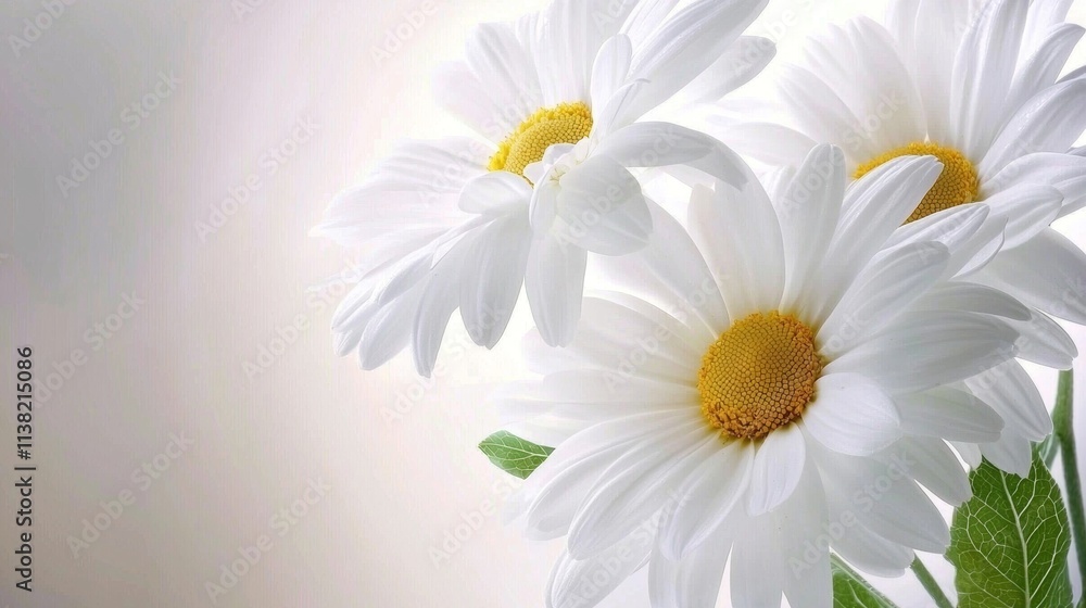 White daisy flowers blooming with bright yellow center and green leaves on a soft light beige background creating a delicate and pure floral composition White daisy flowers blooming with bright yellow center and green leaves on a soft light beige background creating a delicate and pure floral composition