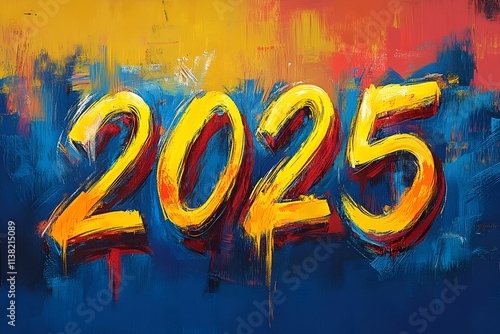Painting of the Year 2025, Expressive Brushstrokes in Bold Yellow, 2025 new year word art
