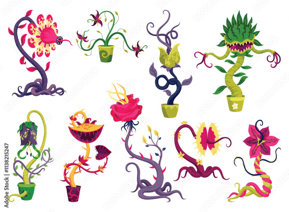 Carnivorous plants set in fantasy design. Cartoon flytraps in pots, plants monsters. Vector flowers predator with teeth isolated on white background