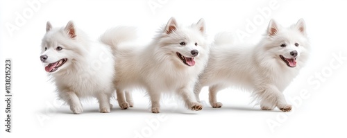 Pure youth crazy Samoyed young dog is posing Cute playful whitebraun doggy or pet is playing and looking happy isolated on white background Concept of motion, action, movement photo