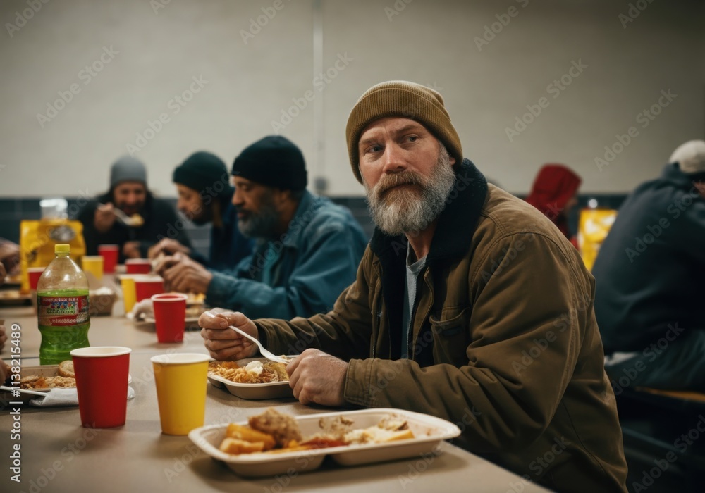 Homeless men are eating free meals provided by a charity in a soup kitchen Homeless men are eating free meals provided by a charity in a soup kitchen