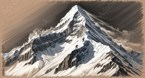 A dramatic mountain peak with climbers scaling its snowy face hand drawing photo