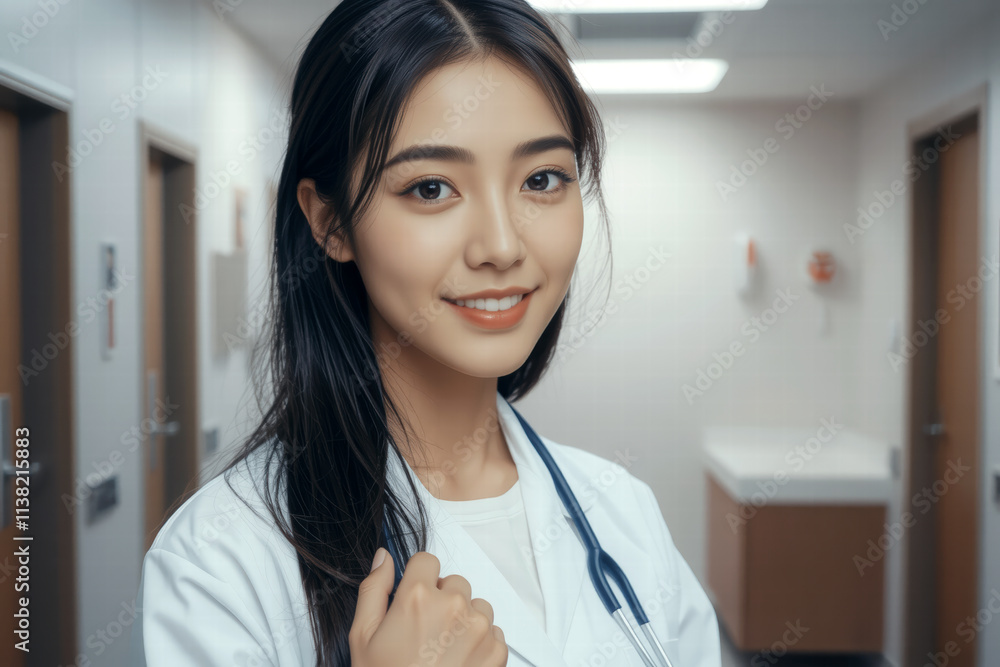 smiling female doctor in white coat stands in hospital corridor, exuding professionalism and warmth. Her stethoscope adds to her medical attire, creating welcoming atmosphere smiling female doctor in white coat stands in hospital corridor, exuding professionalism and warmth. Her stethoscope adds to her medical attire, creating welcoming atmosphere