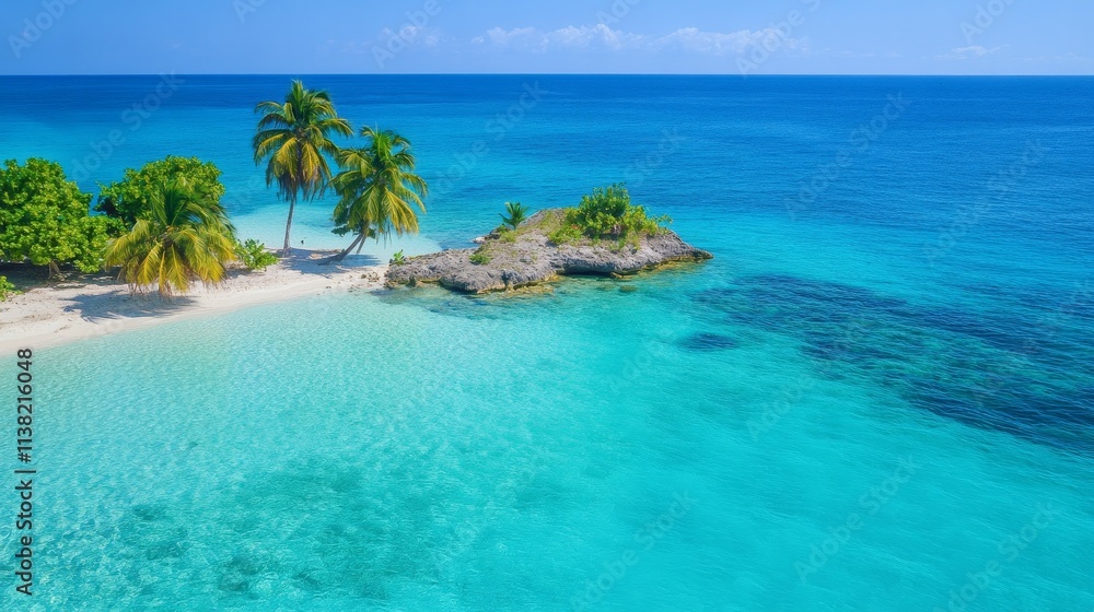 Fototapeta premium Tropical island in clear blue water with palm trees and colorful fish swimming around it. Underwater coral reefs surrounded by crystal-clear turquoise waters, showcasing a serene tropical paradise.