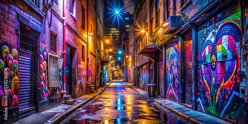 A lively urban alley showcases stunning street art on brick walls, illuminated by colorful lights. The wet pavement reflects the artwork, creating a magical nighttime atmosphere