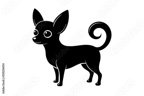 Chihuahua Silhouette Vector Illustration of a Tiny Dog Standing with Perky Ears and Curled Tail