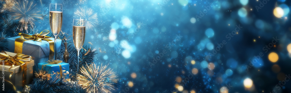 Obraz premium Happy New Year - Champagne Toast Celebration - Goblets With Abstract Background With Defocused Bokeh Lights