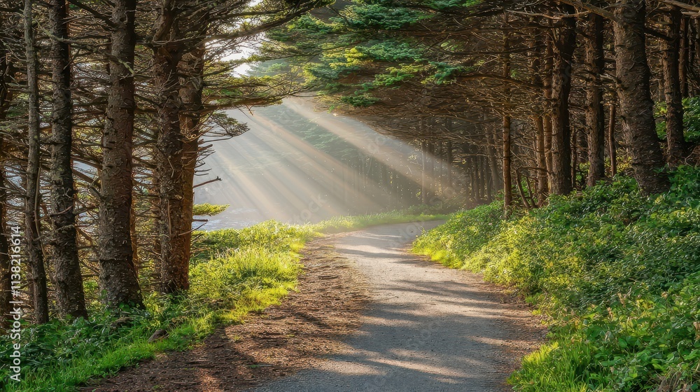 Naklejka premium A scenic hiking trail through a dense forest with sunlight filtering through the trees. The peaceful, natural setting evokes a sense of adventure, tranquility, and connection with the outdoors.