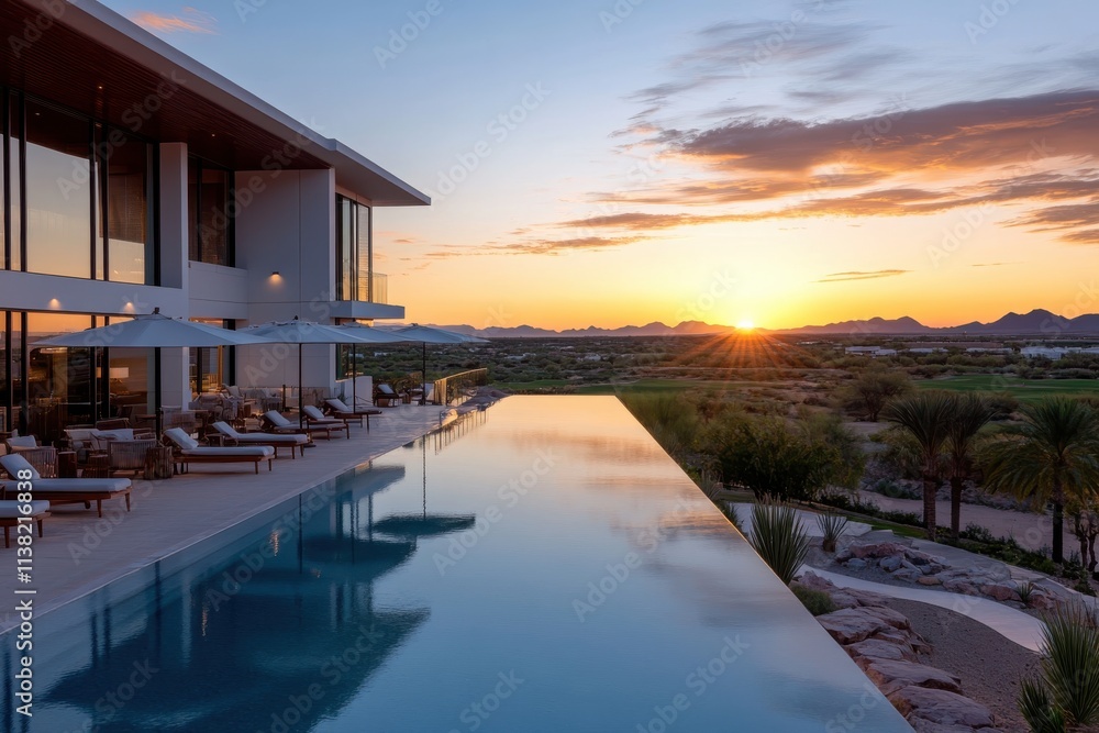 Fototapeta premium This stunning modern villa features an infinity pool overlooking a breathtaking sunset, highlighting a luxurious lifestyle in a serene desert landscape.