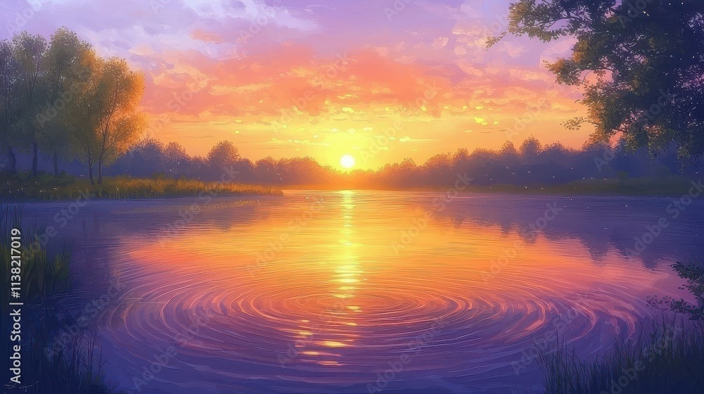 Naklejka premium A scenic sunset over a calm lake, with soft ripples on the water and silhouetted trees along the shore. The warm colors in the sky – shades of orange, pink, and purple – create a serene and 
