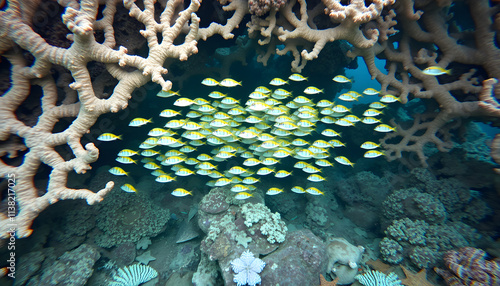 Underwater Beauty: Small Fish Swimming Amidst Coral Branches photo