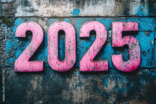 Grungy Urban Wall Art: Pink 2025 Numbered Graffiti on Weathered Concrete, 2025 new year word art