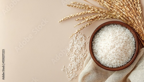 White rice in a wooden bowl with an ear of paddy on a beige background, a banner design. The concept for World Rice Day.