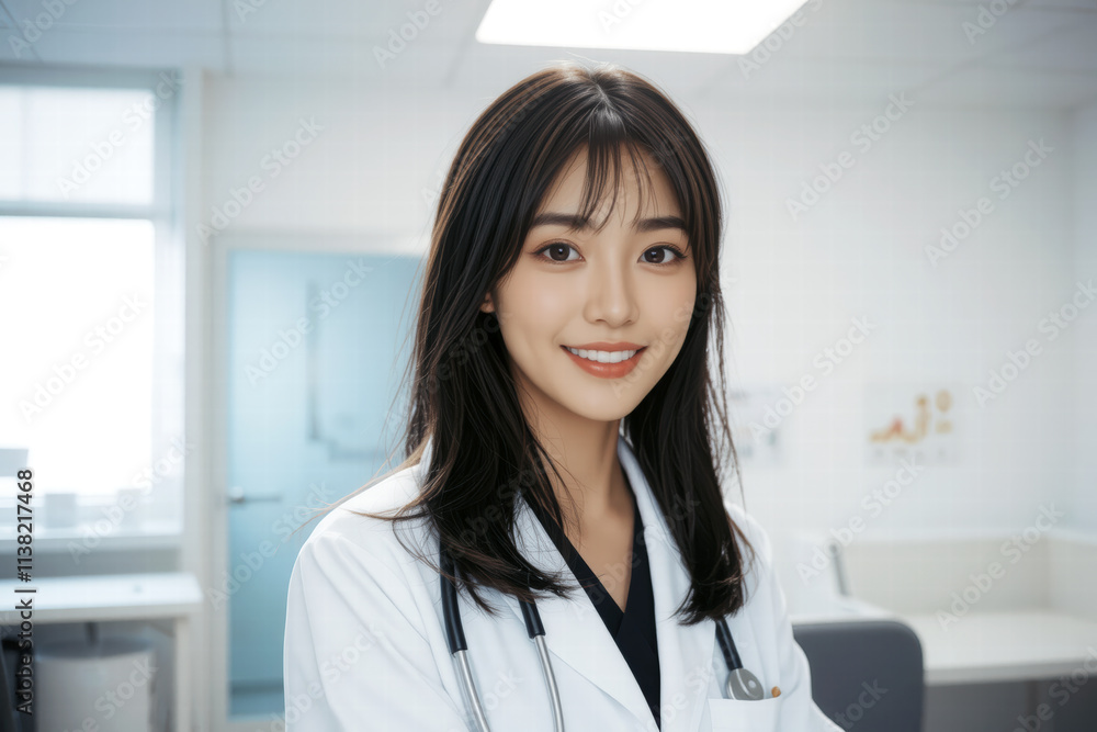 smiling female doctor in white coat, with stethoscope, in modern clinic. She exudes professionalism and warmth, ready to assist patients smiling female doctor in white coat, with stethoscope, in modern clinic. She exudes professionalism and warmth, ready to assist patients