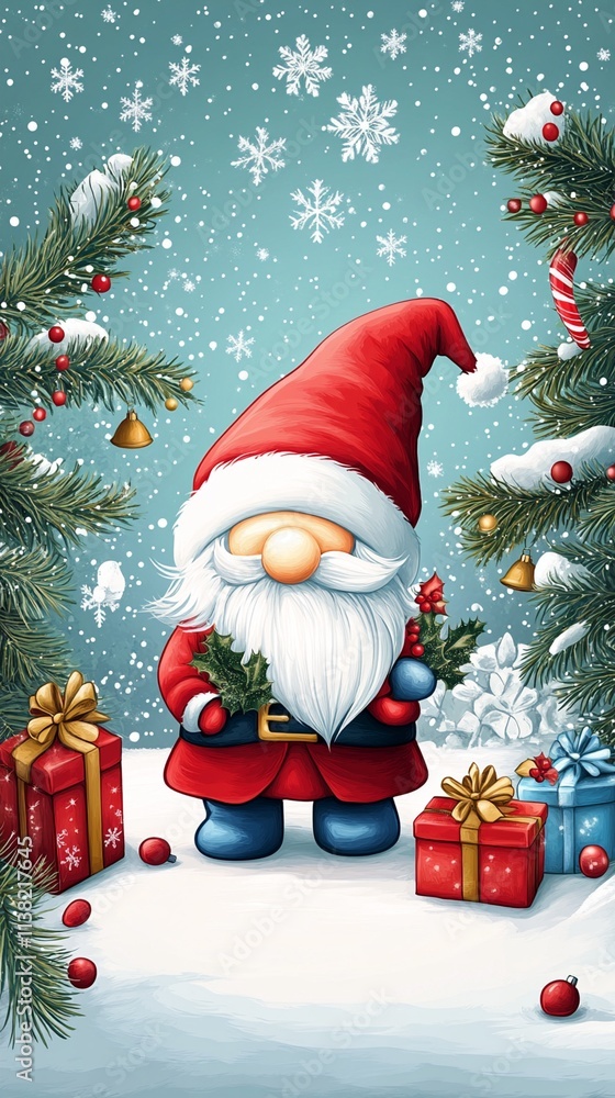 Festive gnome in a snowy wonderland, surrounded by decorated trees, gifts, and snowflakes, capturing the playful and whimsical spirit of the holiday season in wintertime. Festive gnome in a snowy wonderland, surrounded by decorated trees, gifts, and snowflakes, capturing the playful and whimsical spirit of the holiday season in wintertime.