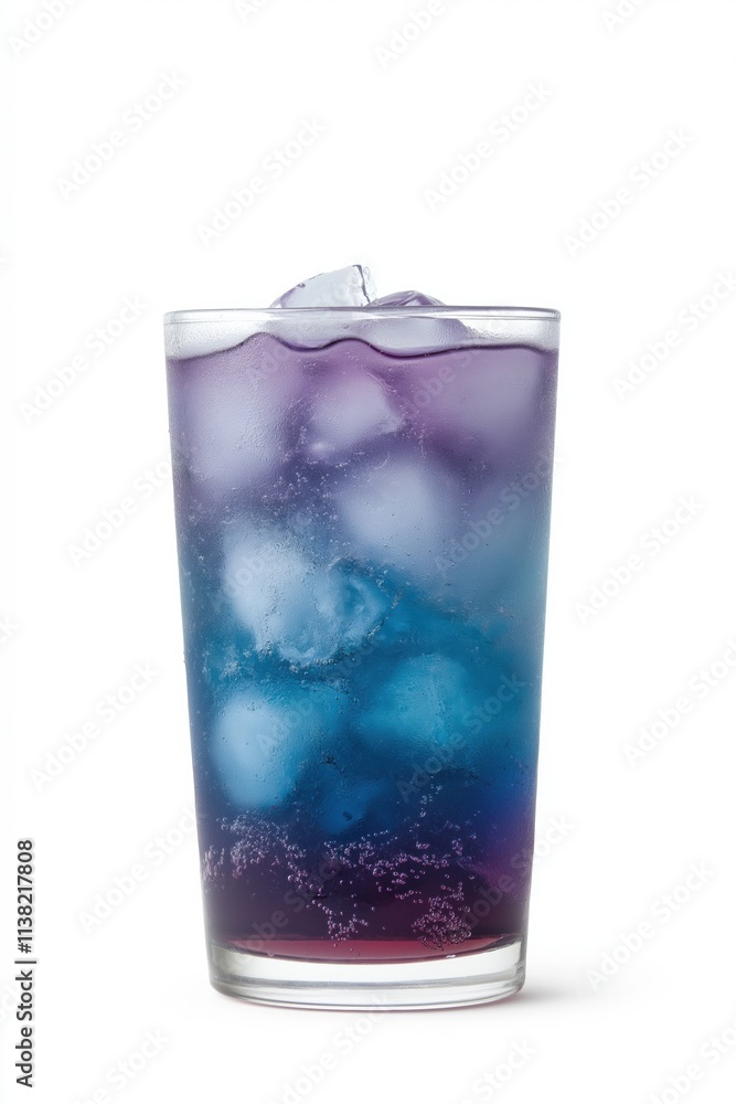 A glass of blue and purple drink with ice cubes in it. The drink is served in a tall glass A glass of blue and purple drink with ice cubes in it. The drink is served in a tall glass