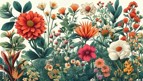 A vibrant array of flowers blooming in a lush, colorful garden in a vintage illustration