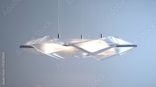 A futuristic ceiling pendant light with a geometric design, composed of translucent frosted glass and chrome accents, glowing subtly from within, ultra-modern aesthetic, sharp clean lines against a st photo