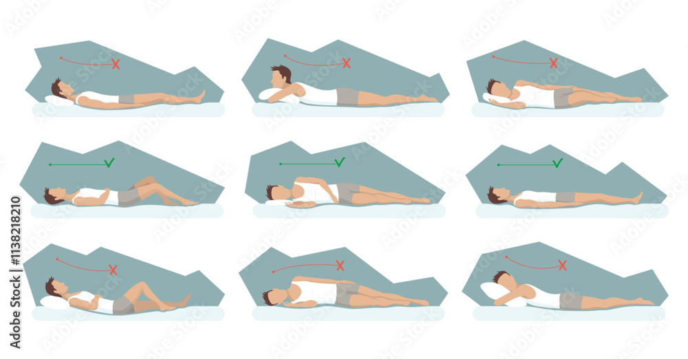 Correct and incorrect sleeping body posture. Healthy sleeping position spine in various mattresses and pillow. Caring for health of back, neck. Comparative vector illustration