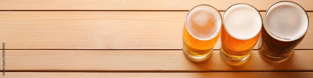 Three glasses of beer are on a wooden table. The table is brown and the glasses are clear Three glasses of beer are on a wooden table. The table is brown and the glasses are clear