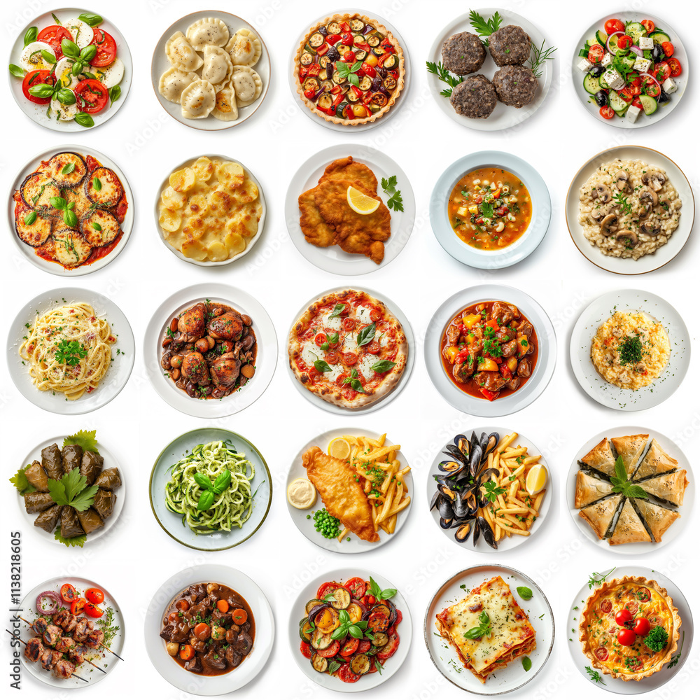 Collection of diverse European dishes served on white plates