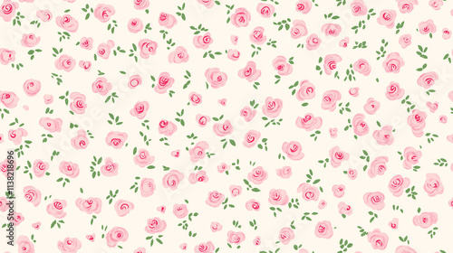 Seamless pink roses floral pattern with green leaves.
