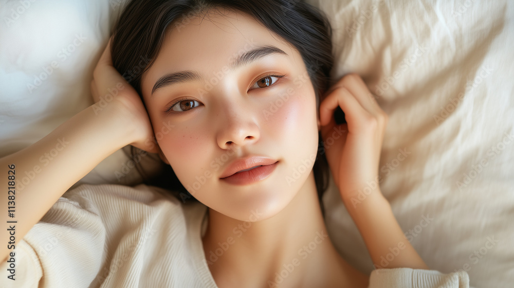 Close-up portrait of a beautiful woman with flawless skin, soft lighting, calm expression, lying on a bed with relaxed posture, highlighting natural beauty and serene ambiance in an intimate setting.