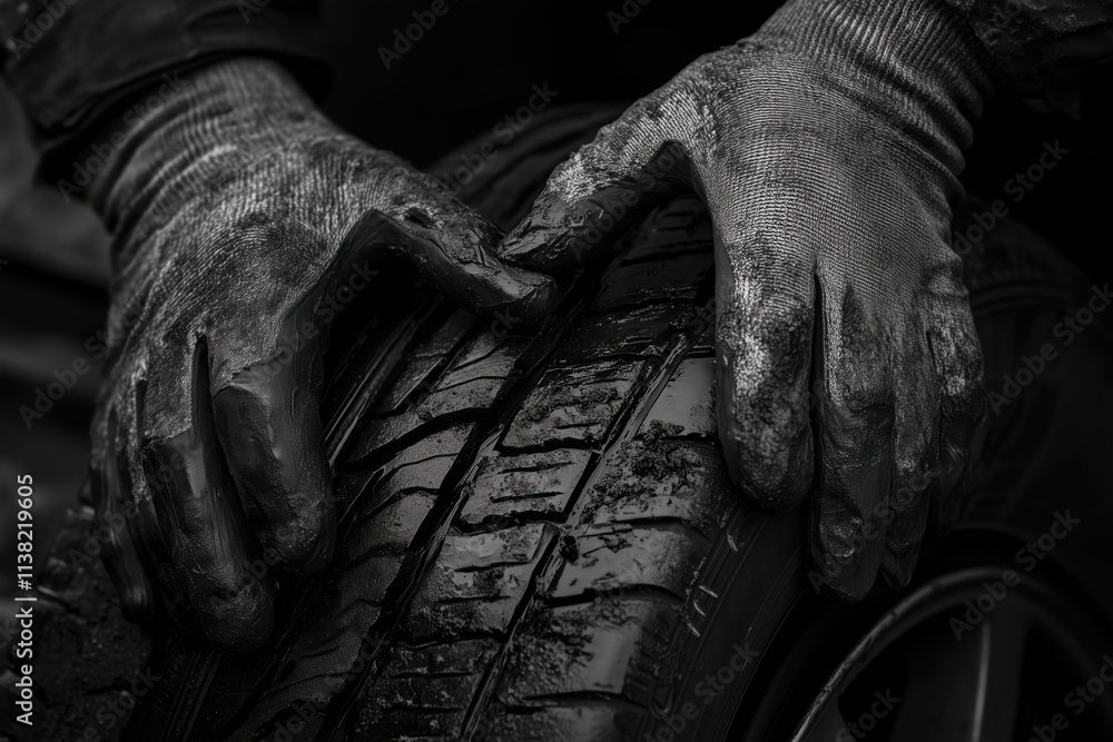 Mechanic's hands inspecting a car tire with black grease details Mechanic's hands inspecting a car tire with black grease details