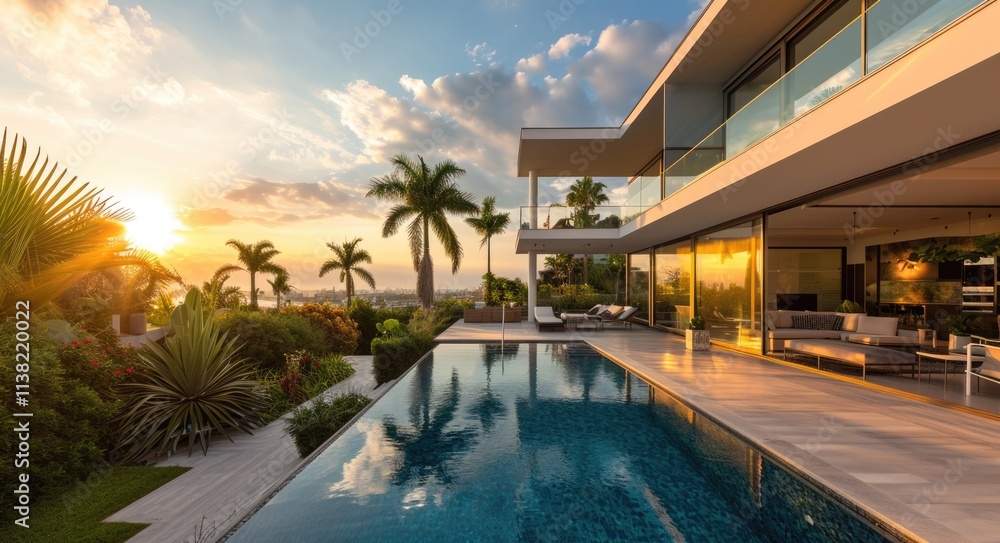 Fototapeta premium Sunrise Splendor: Luxury Villa with Modern Pool and Elegant Interior