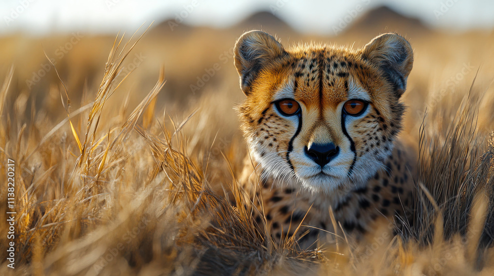 Obraz premium A close-up of a cheetah face with piercing eyes amidst golden savanna grass