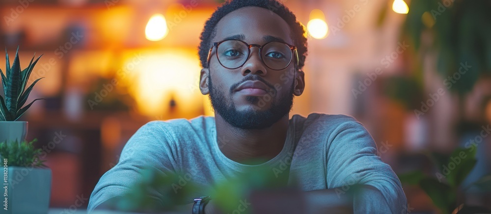 Pensive young man in glasses sits at a table in a dimly lit room. Pensive young man in glasses sits at a table in a dimly lit room.