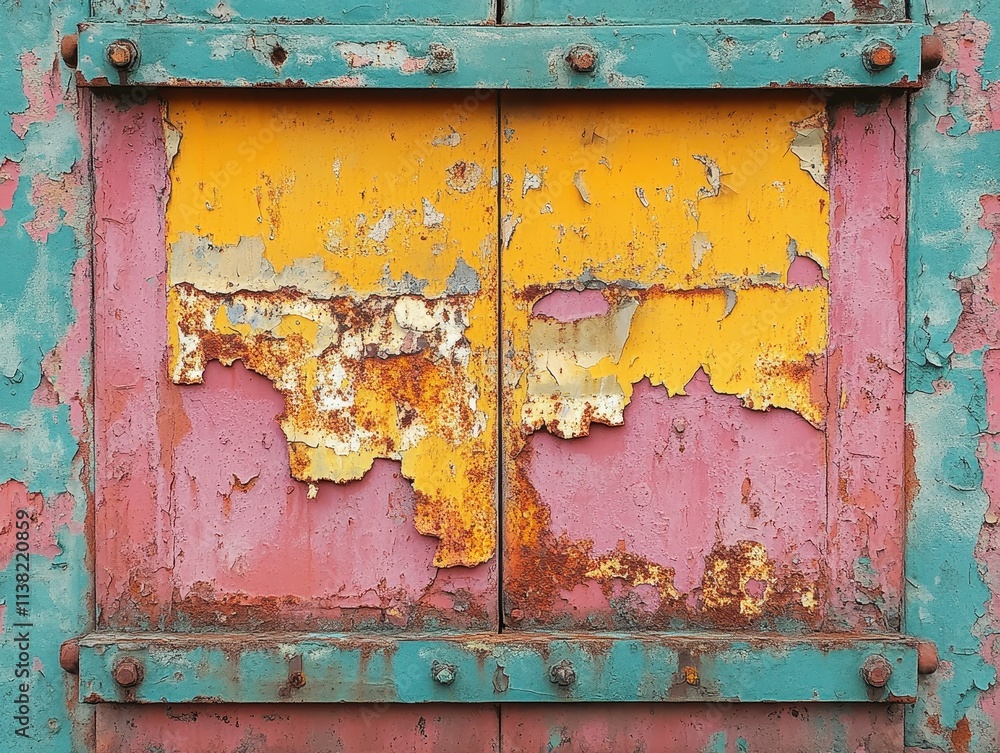 Weathered paint layers cracks worn surface decay vibrant colors texture history neglect past time change Weathered paint layers cracks worn surface decay vibrant colors texture history neglect past time change