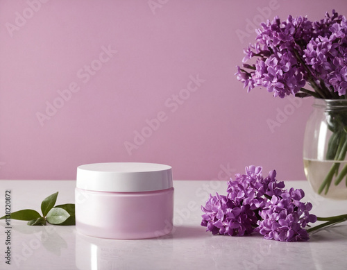 Lavender Spa Products on White Table with Fresh Flowers in Soft Light