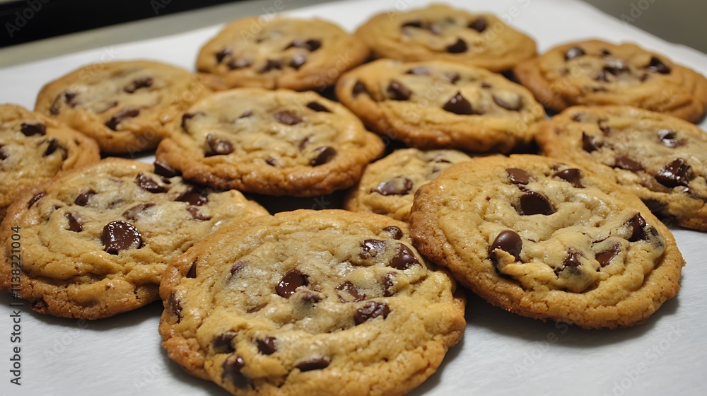 Freshly baked chocolate chip cookies on white surface Freshly baked chocolate chip cookies on white surface