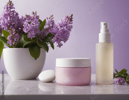 Lavender Spa Products on White Table with Fresh Flowers in Soft Light