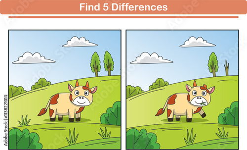 Funny cartoon cute cow. Find 5 differences. Kids Education games. Cartoon vector illustration