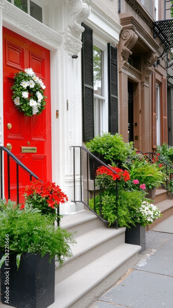 Fototapeta premium Colorful Front Steps with Red Door and Vibrant Flower Pots in Urban Setting