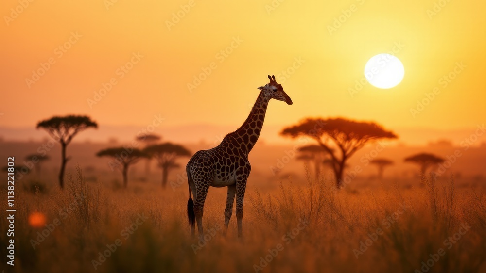 Obraz premium Lifelike giraf depiction with a focus on its detailed coat and the warm glow of sunset.