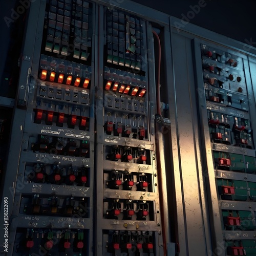 Circuit Breaker panel. Select focus circuit breaker in Electric room on industrial, Rocker switch for start or stop motor. Electrical selector switch
