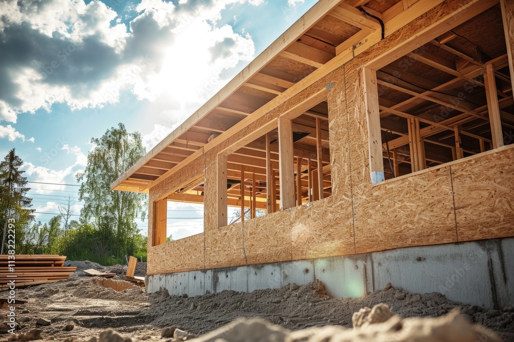Obraz premium Unfinished House Construction: Exterior View with Wooden Rooftop and Water Protection Membrane