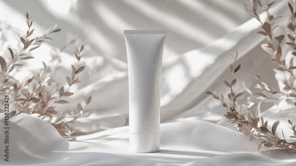 Mockup template of cosmetic tube cream 50ml on gray concrete stone background minimalist with dried flowers. Natural hard lighting and shadows Mockup template of cosmetic tube cream 50ml on gray concrete stone background minimalist with dried flowers. Natural hard lighting and shadows