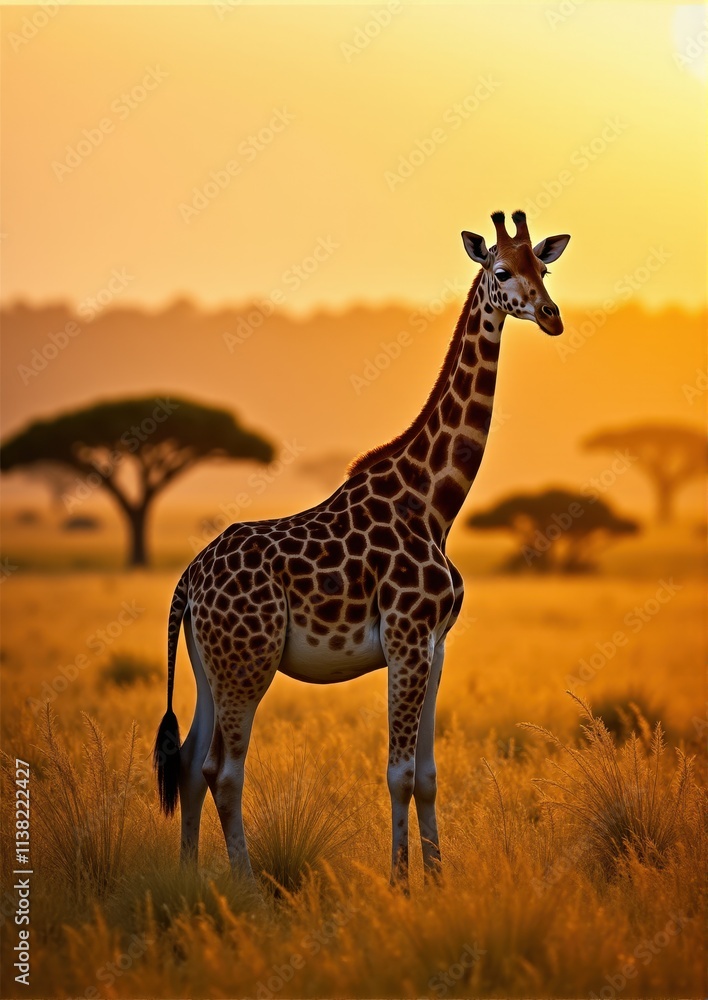 Obraz premium Golden hour giraf standing elegantly in its natural savanna habitat, framed by soft sunlight.