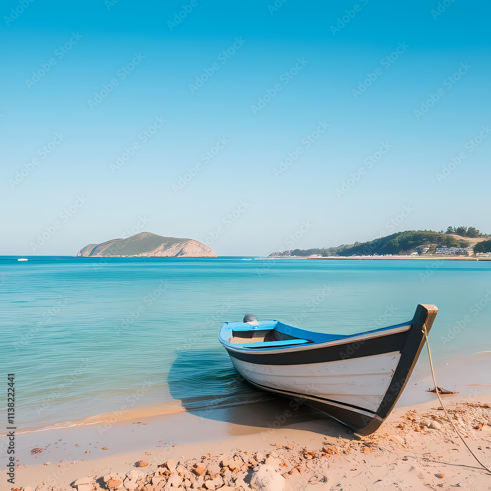 Wooden Longtail Boat on a Sandy Beach by Blue Tropical Sea Wooden Longtail Boat on a Sandy Beach by Blue Tropical Sea