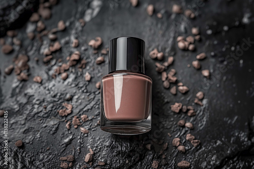 A jar of mocha mousse nail polish on a black background. photo