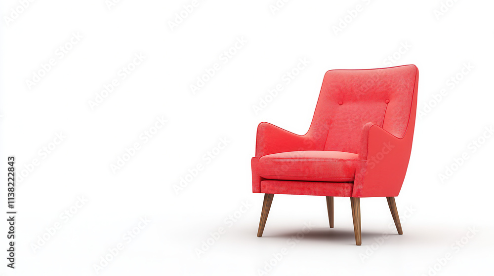 A modern armchair with sleek, vibrant coral upholstery, sharp clean lines, and smooth wooden legs, isolated on a perfect white background. Emphasize bold color contrast and precise details in fabric t A modern armchair with sleek, vibrant coral upholstery, sharp clean lines, and smooth wooden legs, isolated on a perfect white background. Emphasize bold color contrast and precise details in fabric t
