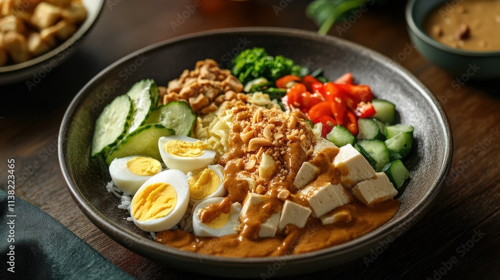 traditional Indonesian Gado-Gado, a salad with boiled eggs, tofu, vegetables, and peanut sauce traditional Indonesian Gado-Gado, a salad with boiled eggs, tofu, vegetables, and peanut sauce