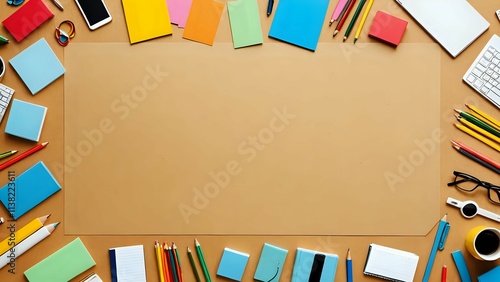 Organized Workspace with Laptop, Coffee, and Stationery. High-angle, flat lay view of a stylish and productive workspace. 