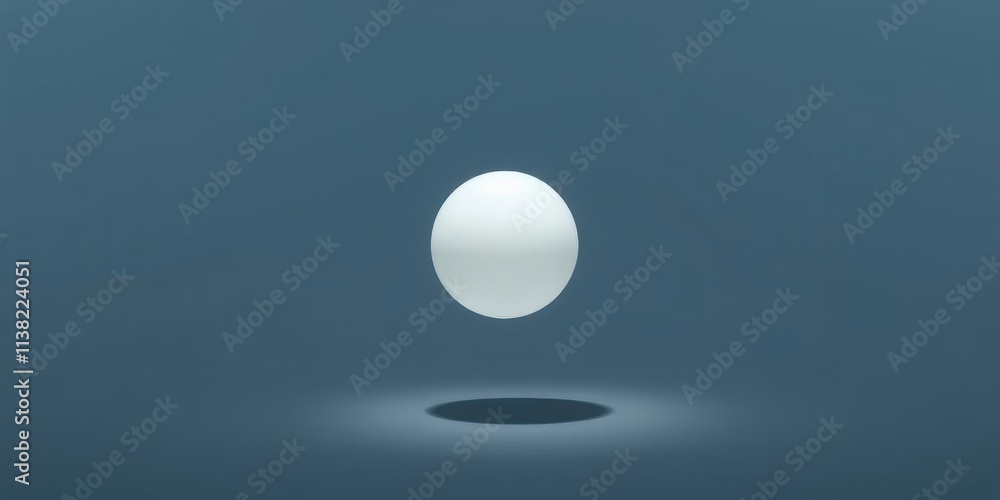 A solitary white sphere suspended against a muted blue backdrop, casting a soft shadow below A solitary white sphere suspended against a muted blue backdrop, casting a soft shadow below