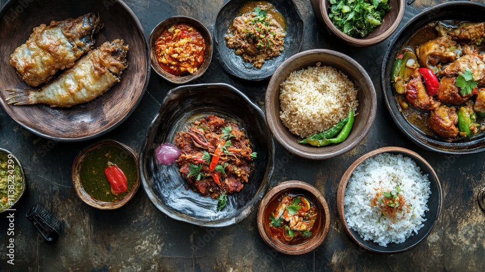Nasi Padang, a variety of small dishes including rendang, sambal, and fried fish, served with steamed rice Nasi Padang, a variety of small dishes including rendang, sambal, and fried fish, served with steamed rice